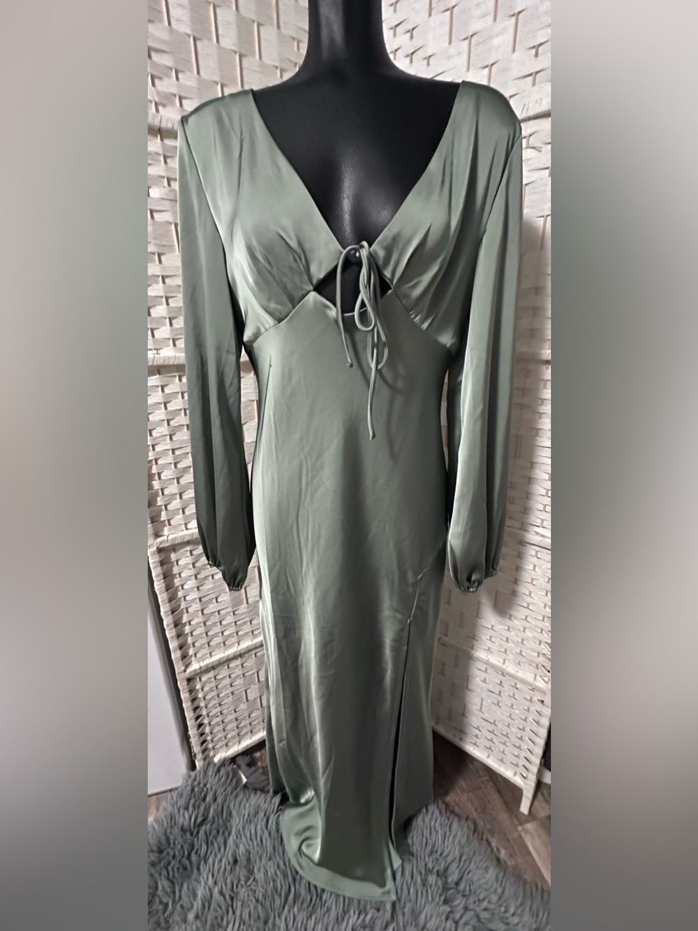 Long Sleeve Sage Green Tie-Front Maxi Dress